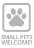 Paw print icon with Small Pets Welcome text, indicating pet-friendly policy for small animals.