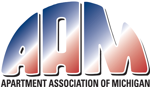 Logo of the Apartment Association of Michigan with red, white, and blue gradient letters AAM.