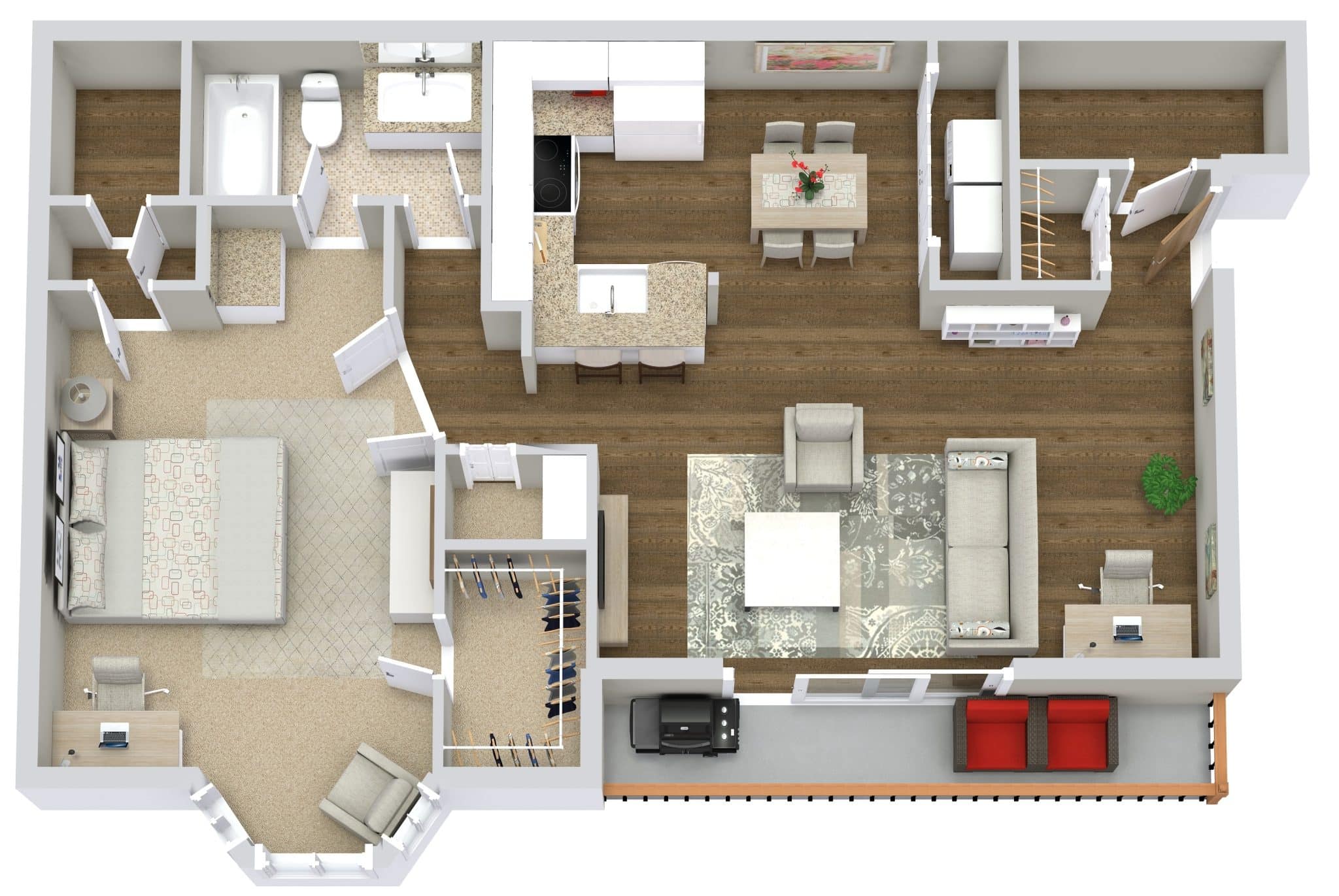 3D floor plan of a modern one-bedroom apartment with kitchen, living room, and bathroom layout.