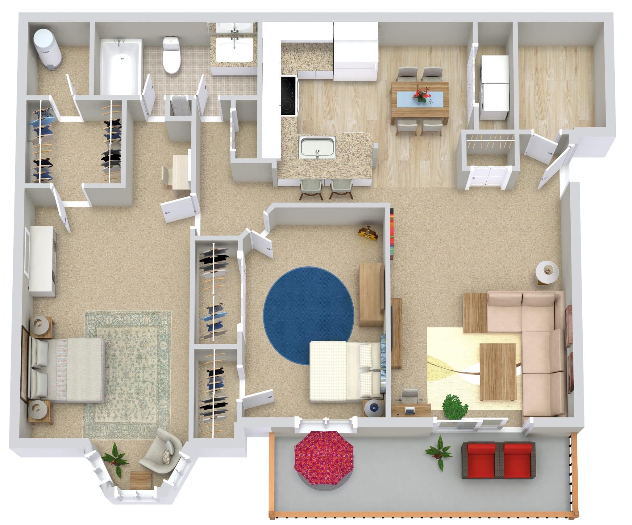 Two-bedroom apartment floor plan with kitchen, dining area, living room, bathroom, and balcony.