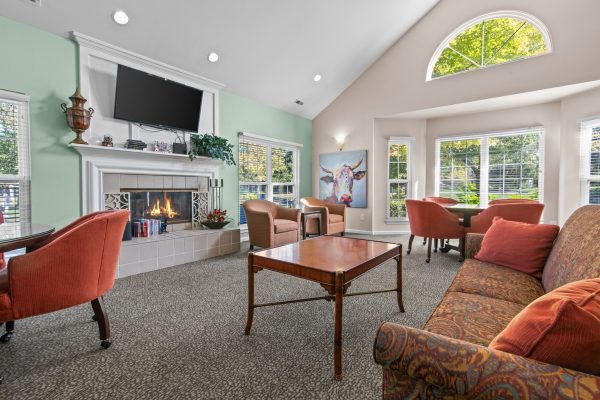 Cozy living room with fireplace, TV, colorful art, and seating area near large windows. Perfect for relaxation.