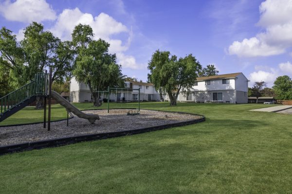 Playground with slide and swings set in grassy residential area under blue sky.