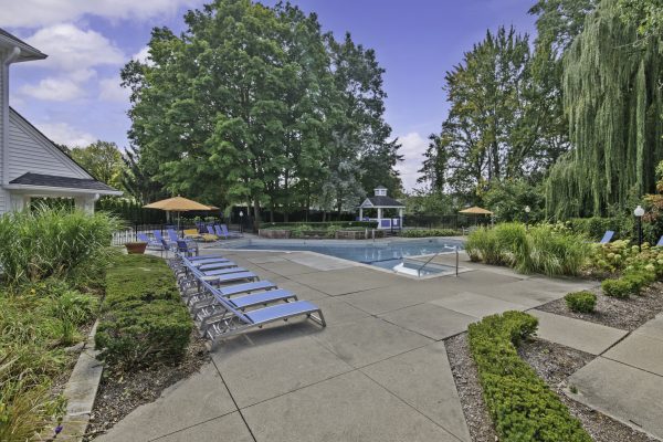 Outdoor pool area with blue lounge chairs, umbrellas, and lush greenery on a sunny day.