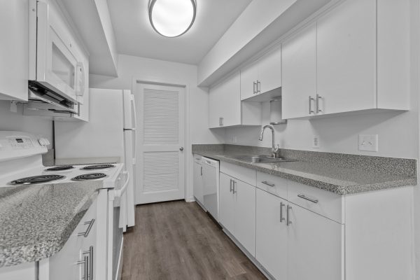 Modern kitchen with white cabinets, granite countertops, and wood flooring. Bright and minimalistic design.