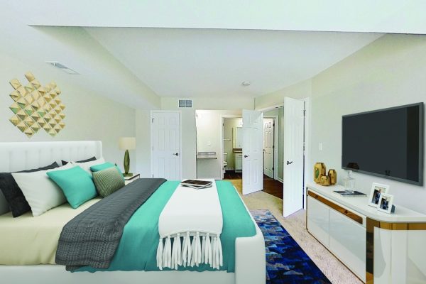 Modern bedroom with teal accents, cozy bed, wall art, and large TV. Comfortable, stylish design.