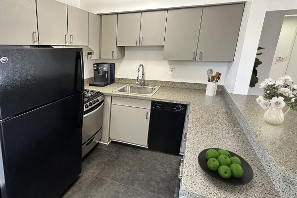 Modern kitchen with grey cabinets, black appliances, and a countertop featuring green apples and a vase of flowers.