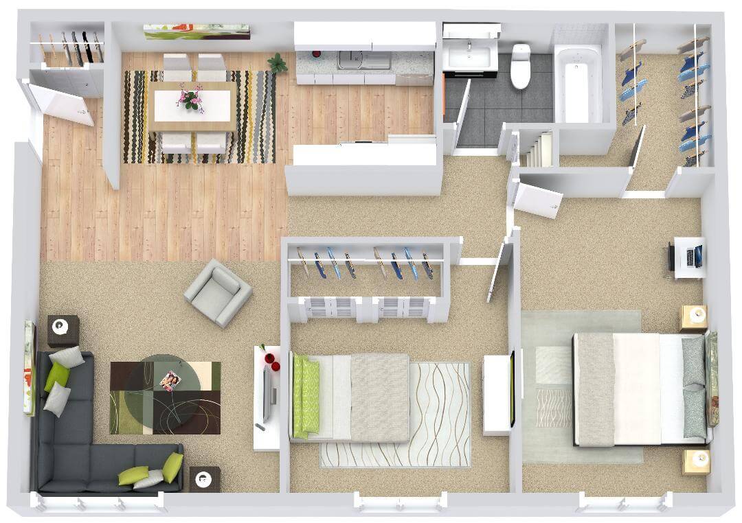 Floor plan of a modern two-bedroom apartment with open living area and kitchen.