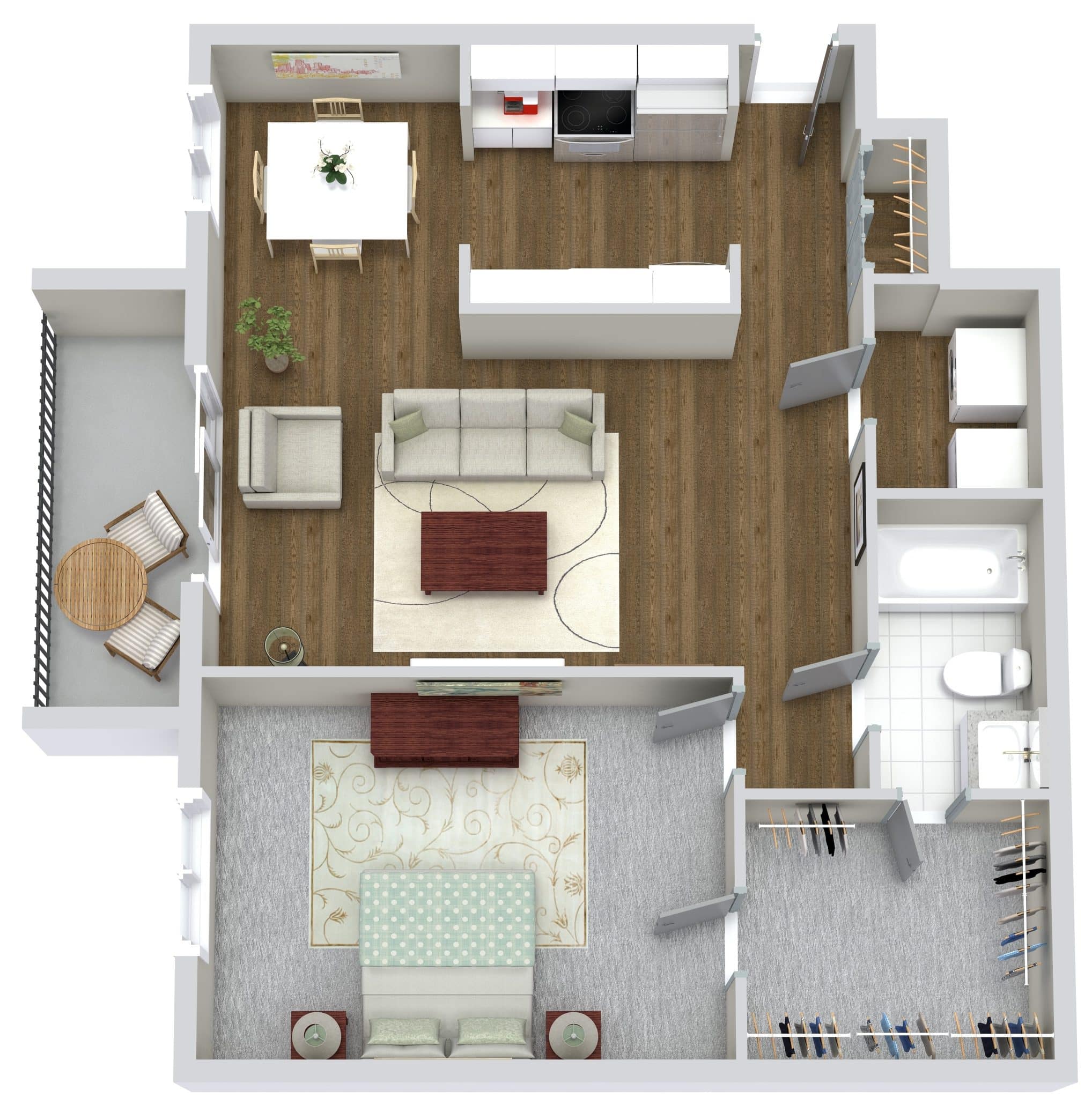 2D apartment floor plan with bedroom, bathroom, kitchen, living area, and balcony, showcasing modern interior design.