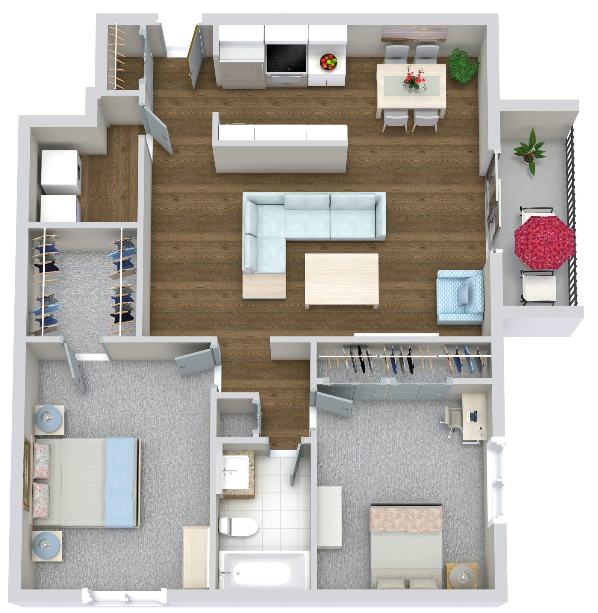 Modern two-bedroom apartment floor plan with open living area, kitchen, and balcony.