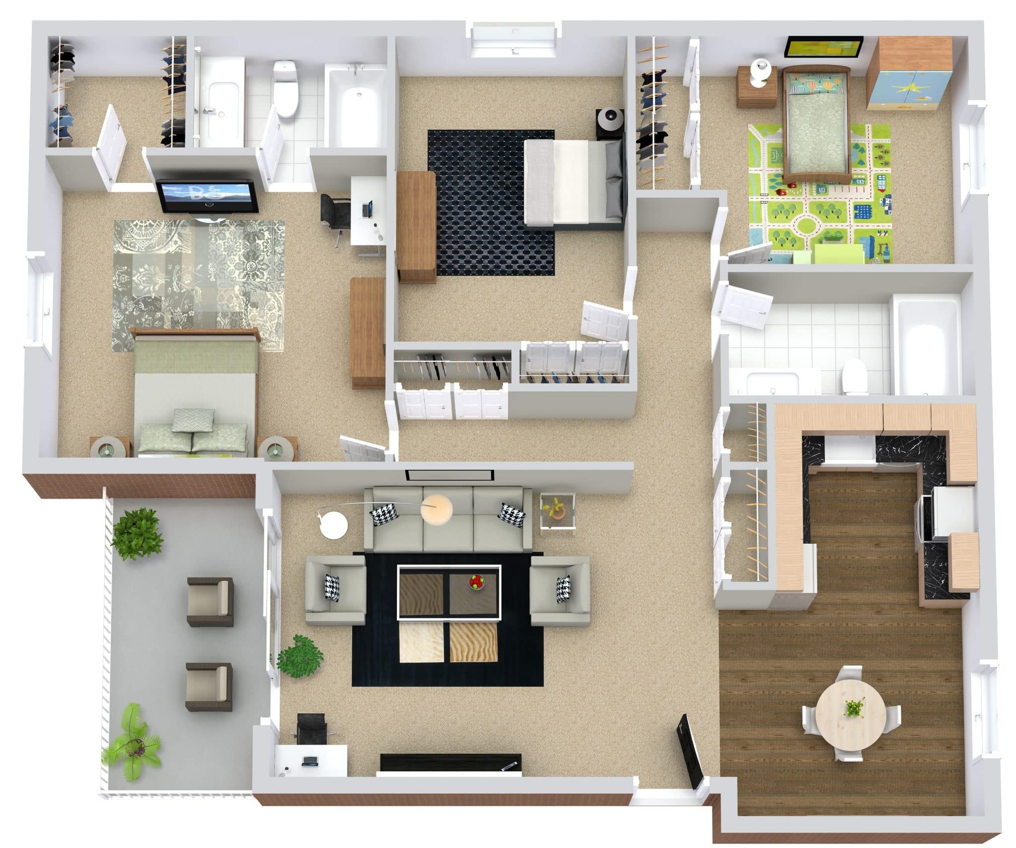 3D floor plan of a two-bedroom apartment with a living room, kitchen, bathroom, and balcony.