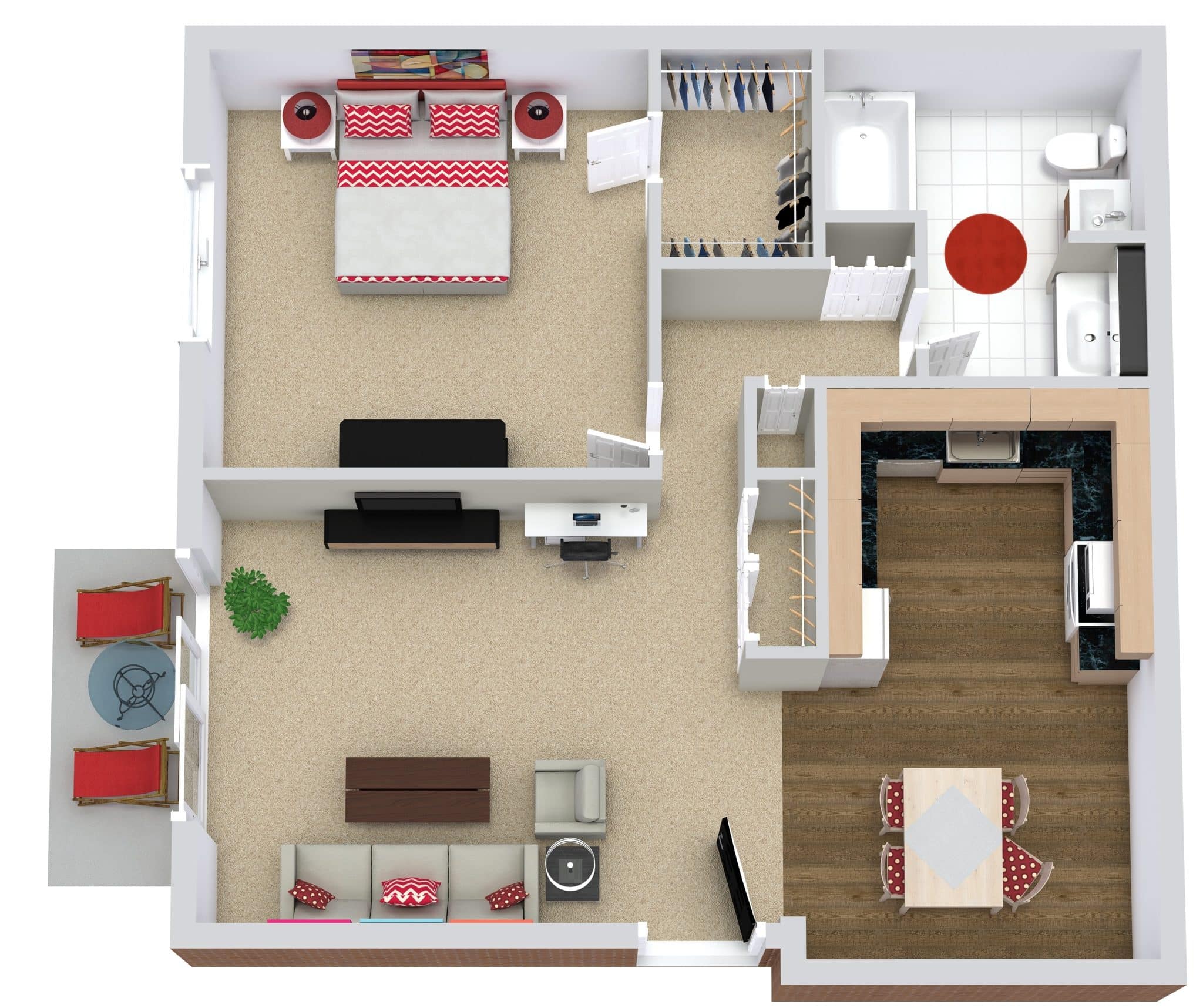 3D floor plan of a one-bedroom apartment with open living area, kitchen, bathroom, and bedroom balcony.