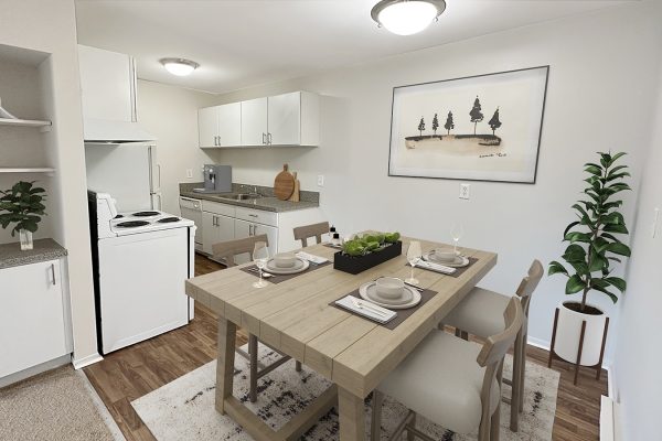 Modern kitchen and dining area with wooden table, set for four, minimalist decor, and white cabinetry.