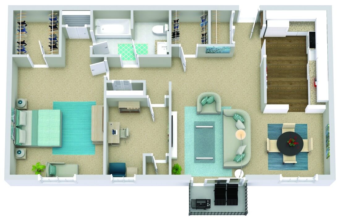 One-bedroom apartment floor plan with living room, kitchen, bathroom, and balcony in a top-down view.