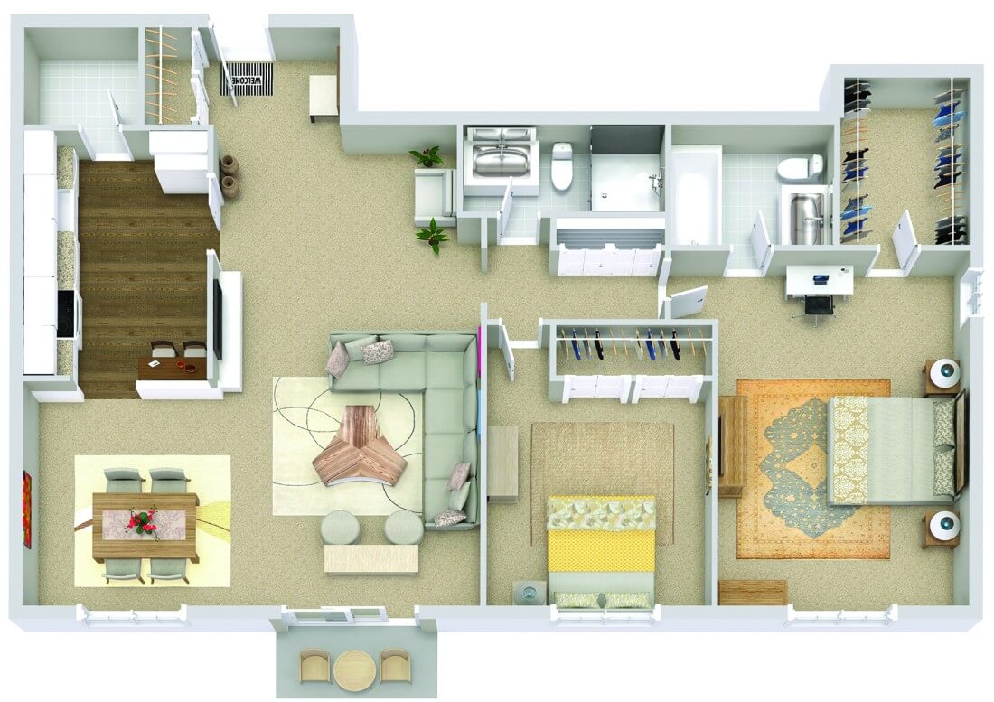 Two-bedroom apartment floor plan with kitchen, living room, dining area, bathroom, and closets.