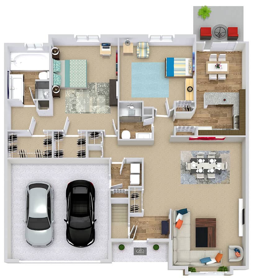 Detailed single-story house floor plan with 3 bedrooms, 2 baths, garage, dining area, kitchen, and living room.