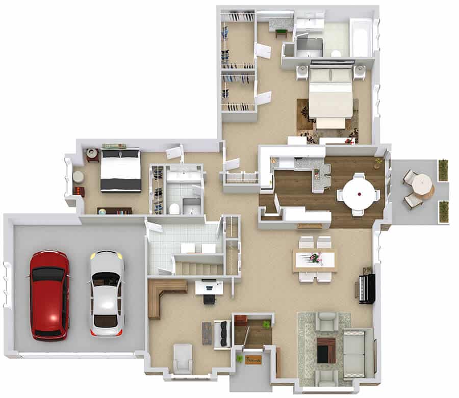 3D house floor plan with two bedrooms, kitchen, dining area, living room, office, and garage with two cars.