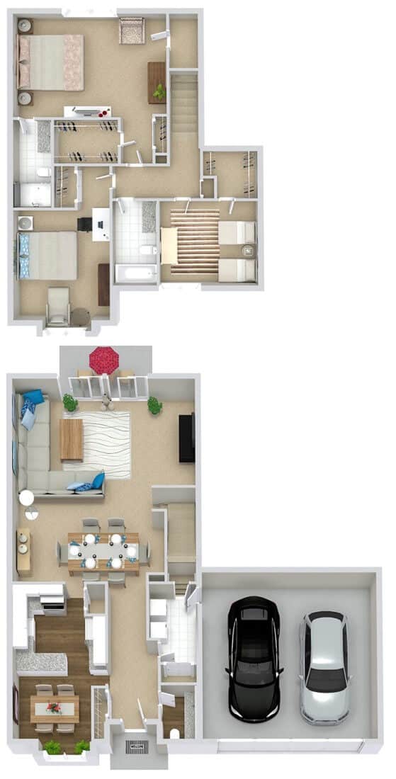 Two-story house floor plan with garage, living room, dining, two bedrooms, and bathrooms.