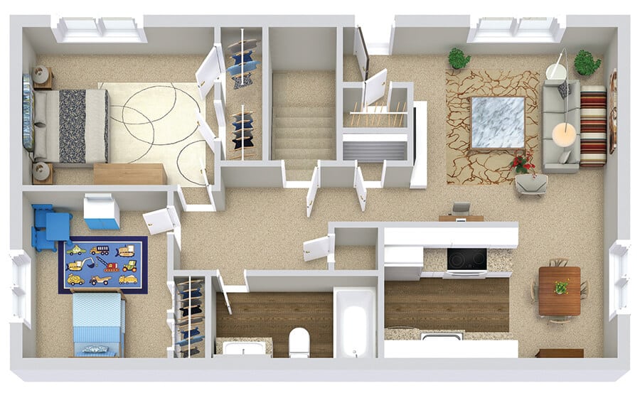 Floor plan of a modern two-bedroom apartment with living room, kitchen, and bathroom, showcasing interior design layout.