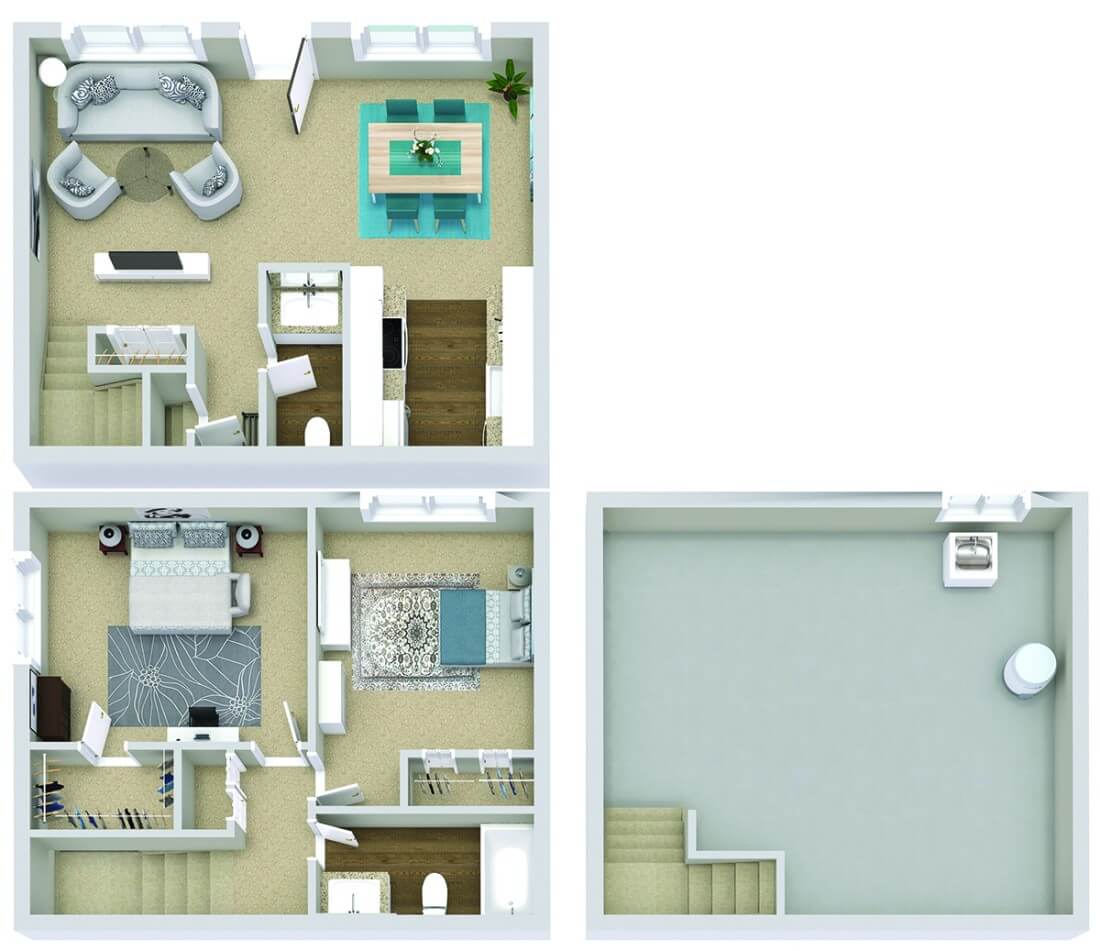 Three-room floor plan with living area, kitchen, bedrooms, and bathroom, showcasing modern home layout design.