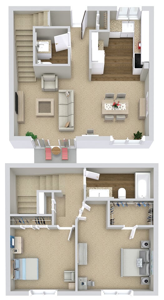 Two-story open floor plan with kitchen, living area, dining, 2 bedrooms, and bathroom. Modern interior design layout.