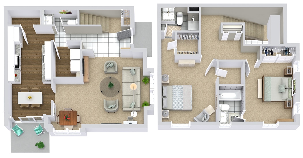 Two-story house floor plan with kitchen, living room, dining area, and two bedrooms.
