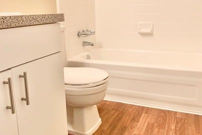 Modern bathroom with white fixtures, wooden floor, and granite countertop. Clean, bright, and inviting space.