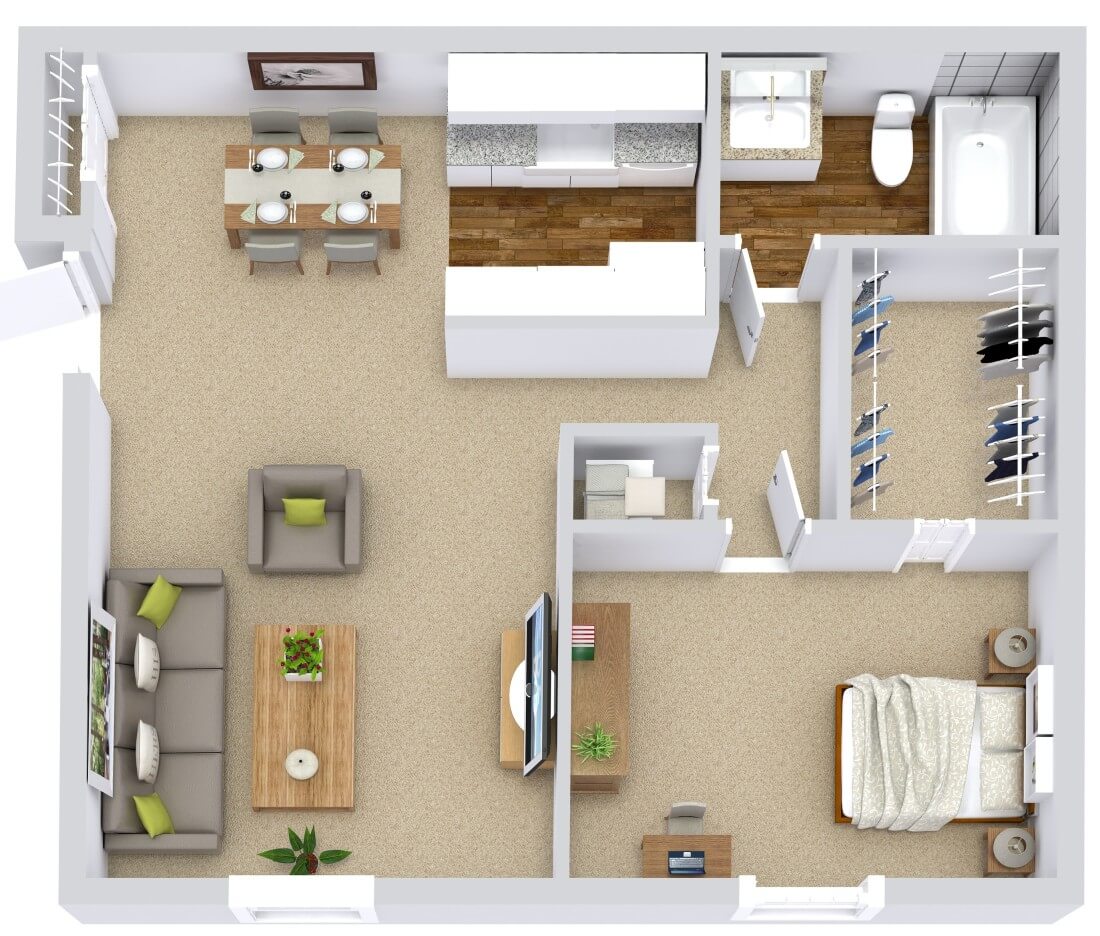 One-bedroom apartment layout with kitchen, living room, dining area, bathroom, and bedroom.