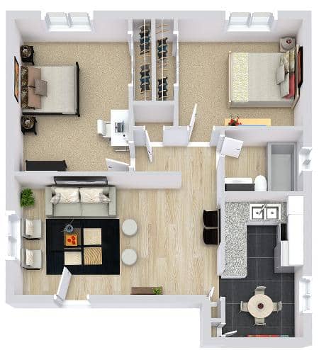 Two-bedroom apartment floor plan with modern living room, kitchen, and bathroom layout.