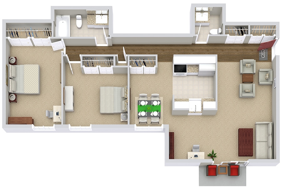 Two-bedroom apartment floor plan with living room, kitchen, dining area, bathroom, and closets.