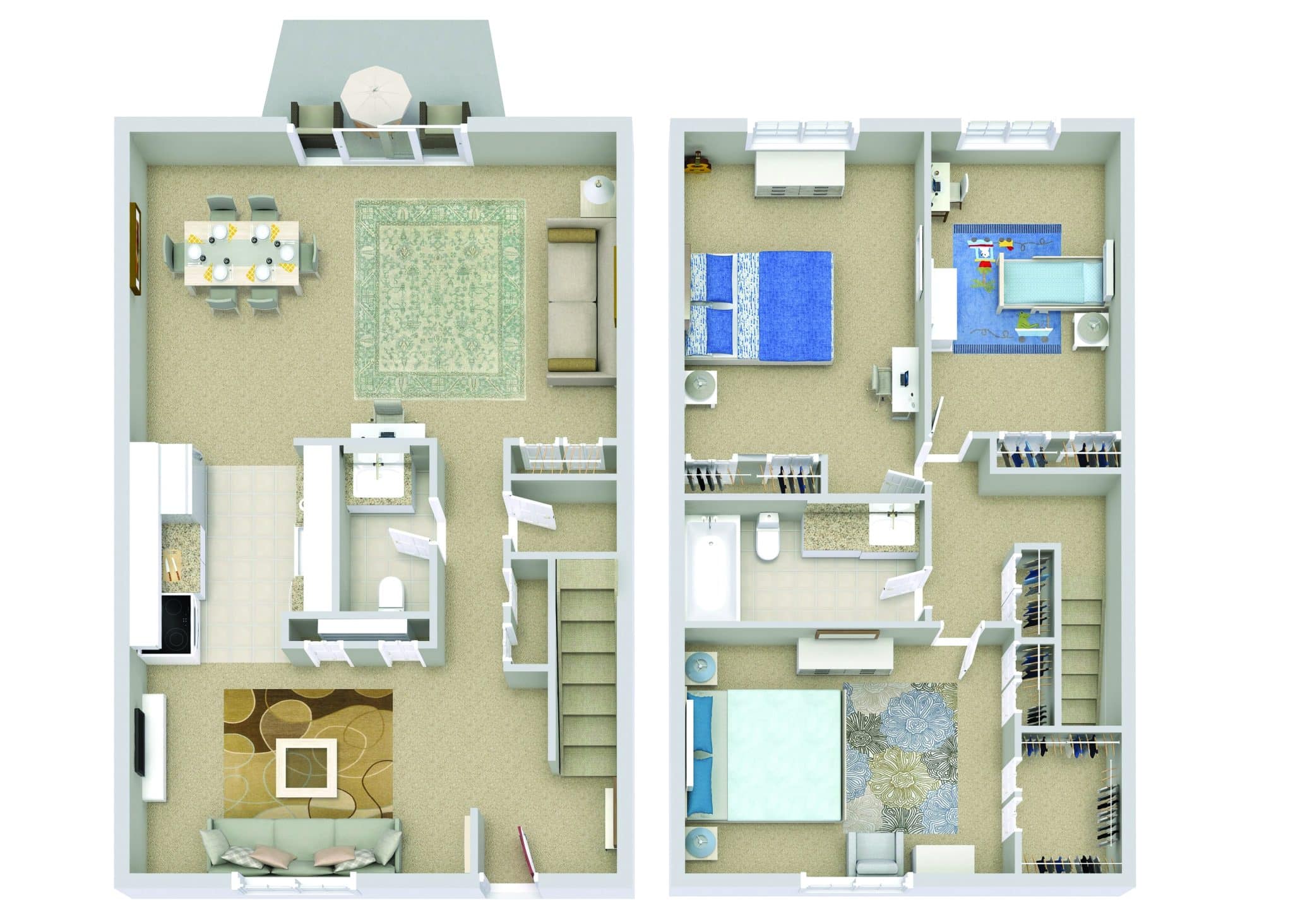 Two-story house floor plan with living room, kitchen, dining area, and bedrooms, showcasing interior layout.