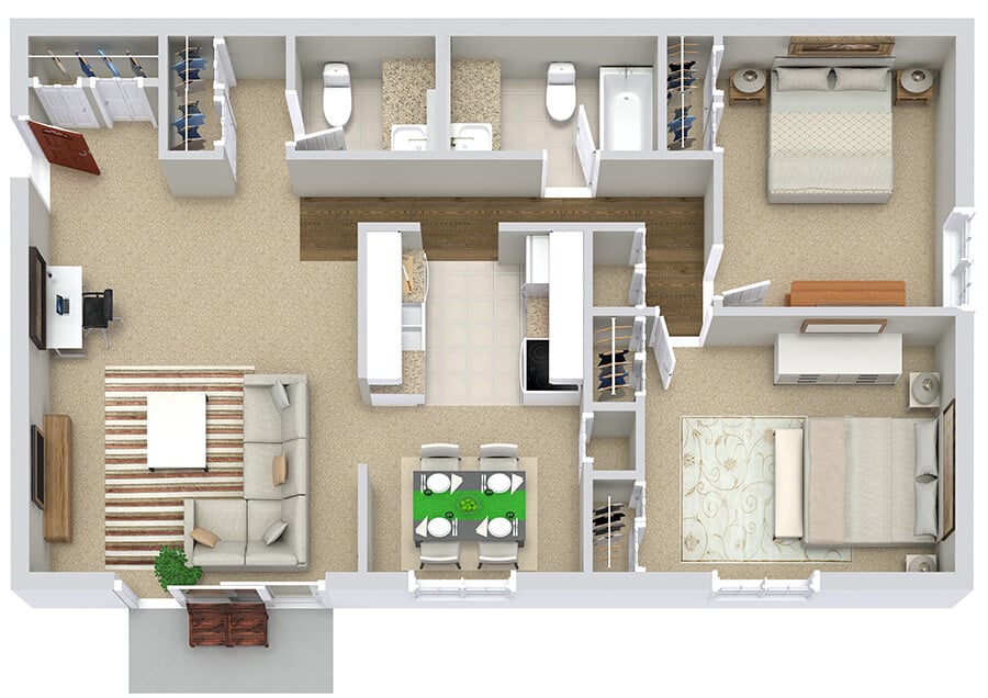 2-bedroom apartment floor plan with living room, kitchen, dining area, and bathrooms. Modern and spacious design.