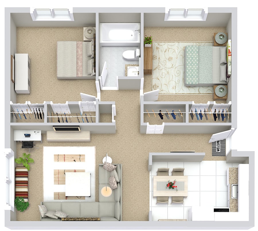 Two-bedroom apartment floor plan with living room, kitchen, bathroom, and closets, featuring contemporary design.
