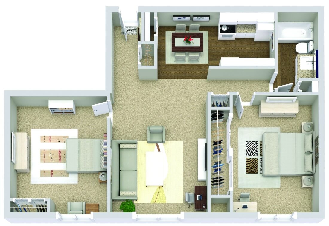 2-bedroom apartment floor plan with living room, kitchen, dining area, bathroom, and closets, shown from a top-down view.