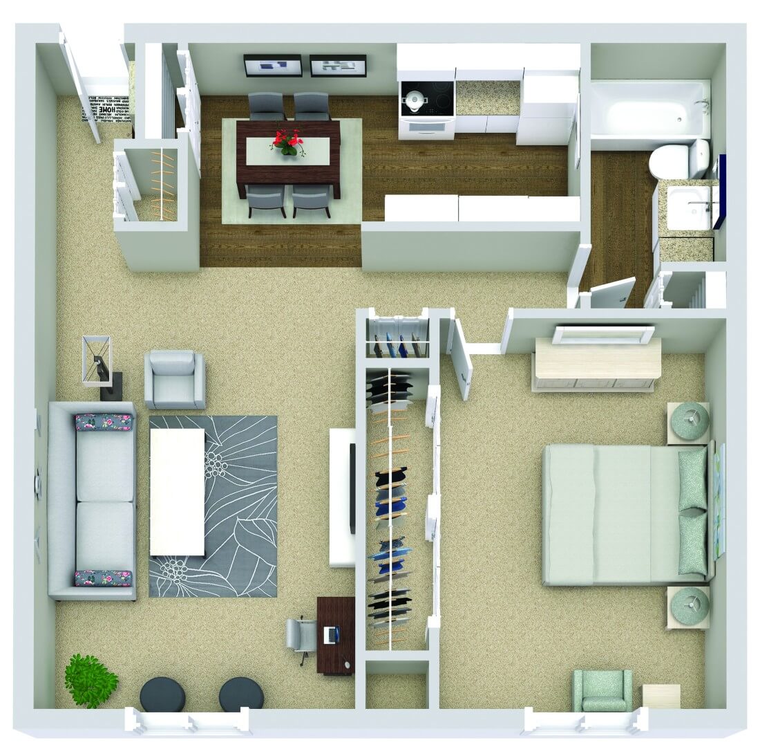 Floor plan of a one-bedroom apartment featuring a kitchen, living room, bathroom, and dining area in open layout.