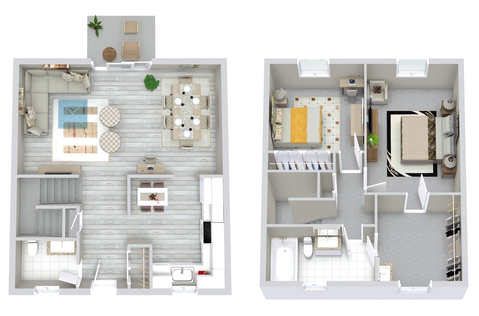Two-story modern apartment floor plan with living room, dining area, kitchen, bedrooms, and bathrooms.