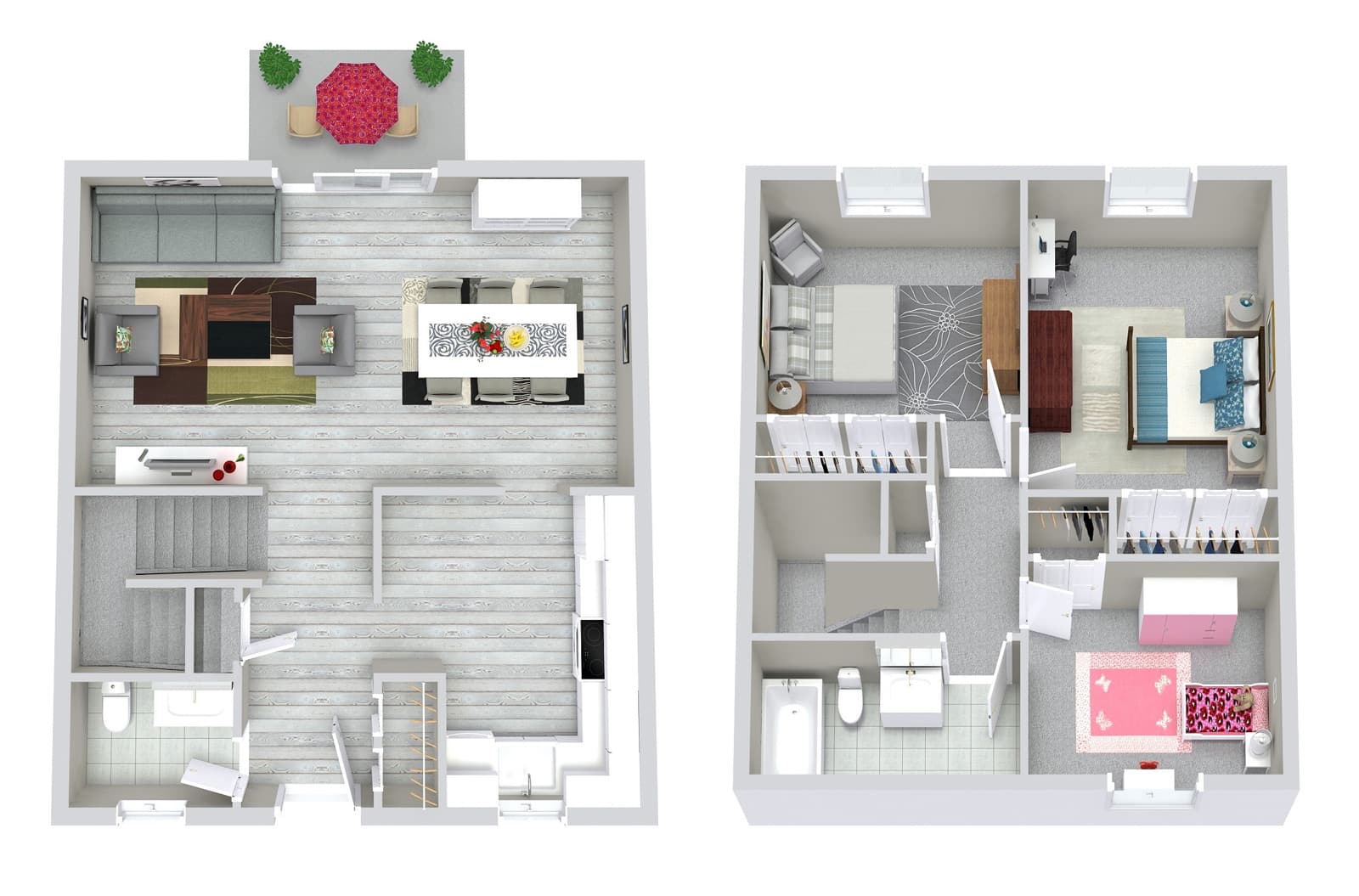 Two-story house floor plan with living area, dining room, kitchen, bedrooms, and bathrooms. Modern interior layout.