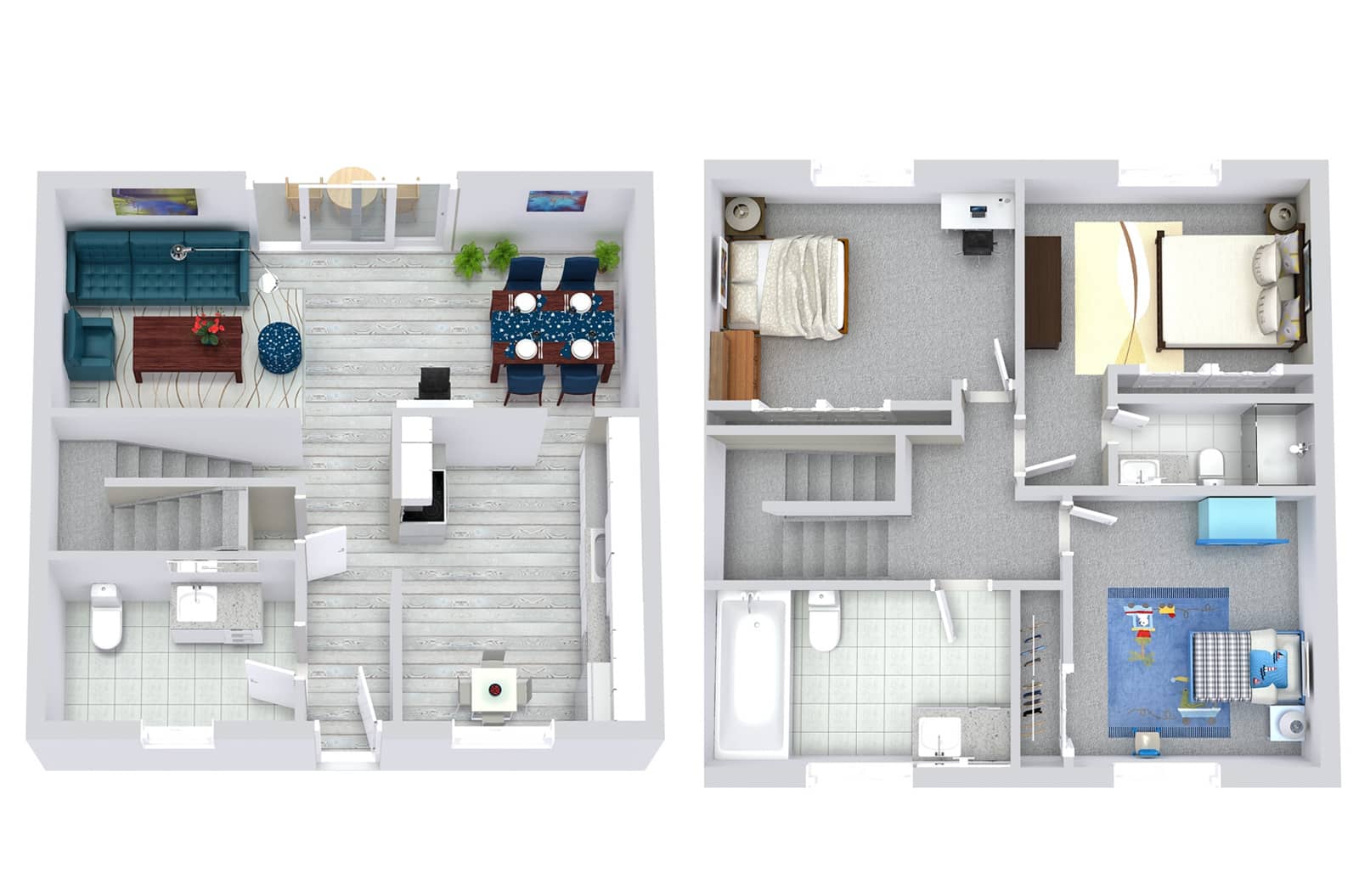 Two-story modern house floor plan with living room, dining area, kitchen, bedrooms, and bathrooms.