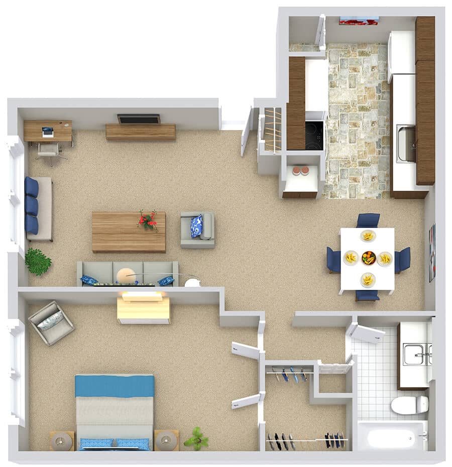 One-bedroom apartment 3D floor plan with living room, kitchen, dining area, bathroom, and bedroom furnished.