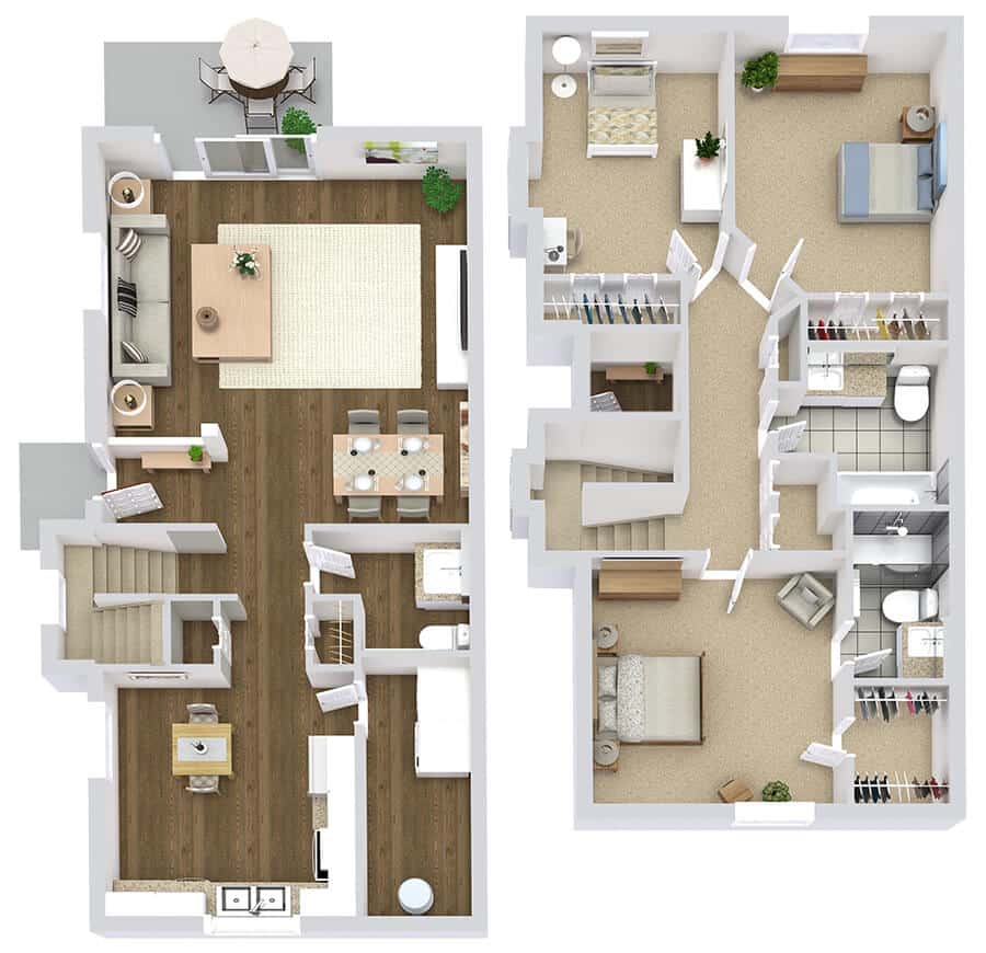 Two-story house floor plan with open living, dining area, bedrooms, and outdoor patio shown from a top-down view.