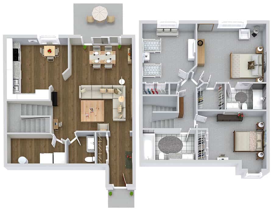 Two-story house floor plan with open living area, kitchen, dining, three bedrooms, and outdoor patio.